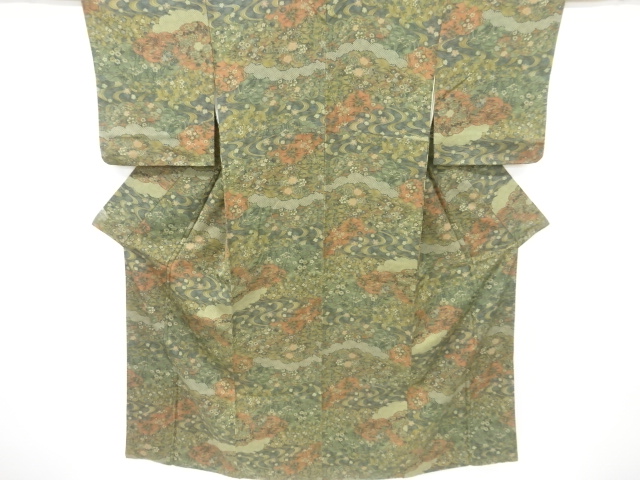 雲に花車・流水模様小紋着物